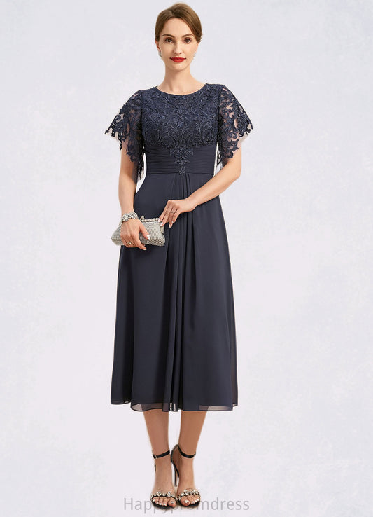 Nia A-line Scoop Tea-Length Chiffon Lace Mother of the Bride Dress With Pleated XXSP0021928