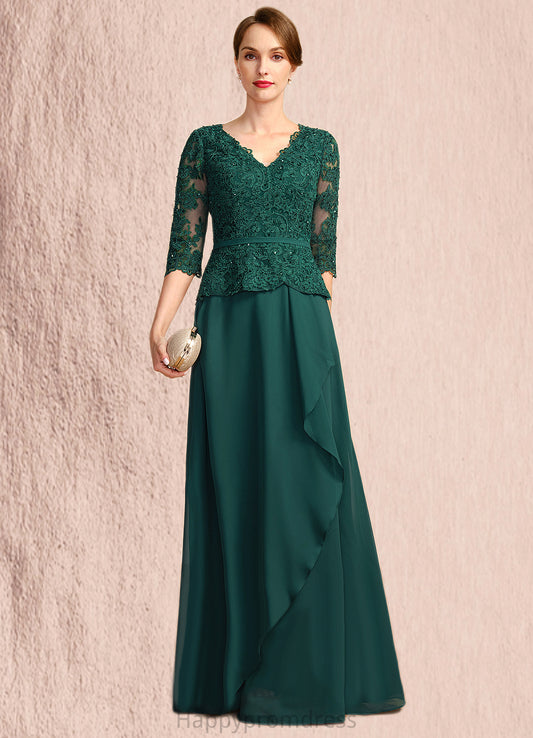 Stephany A-line V-Neck Floor-Length Chiffon Lace Mother of the Bride Dress With Cascading Ruffles Sequins XXSP0021934