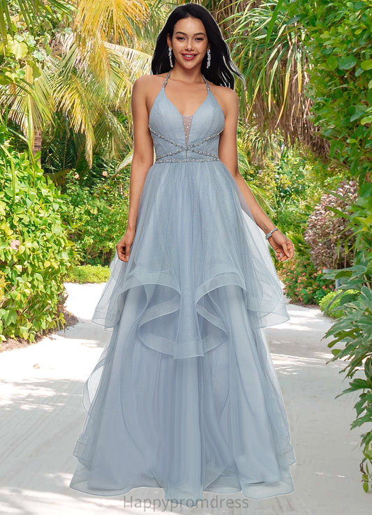 Virginia Ball-Gown/Princess Halter V-Neck Floor-Length Tulle Prom Dresses With Beading Rhinestone Sequins XXSP0022199