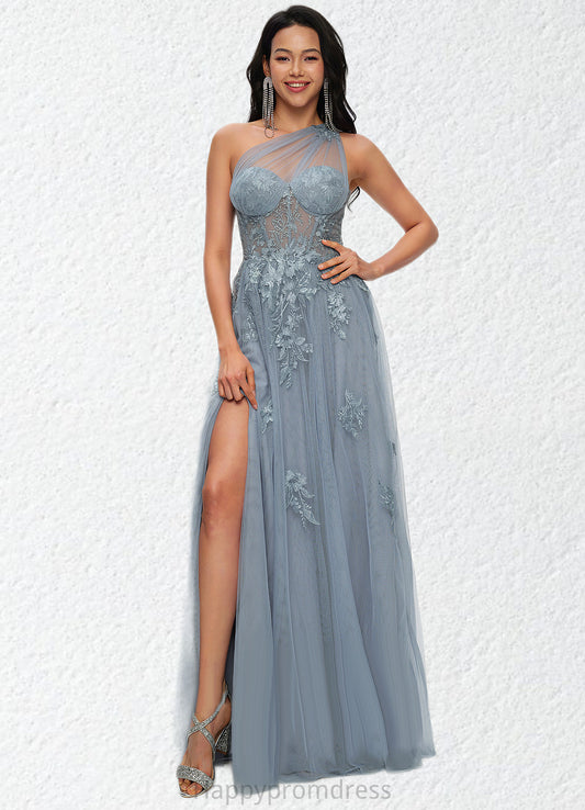 Greta A-line One Shoulder Floor-Length Tulle Prom Dresses With Appliques Lace Sequins XXSP0022200