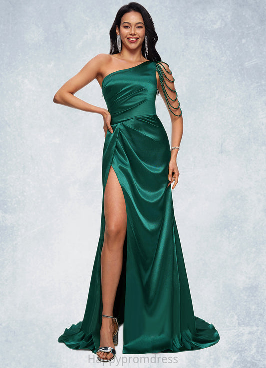 Giana Trumpet/Mermaid One Shoulder Sweep Train Stretch Satin Prom Dresses With Beading XXSP0022205