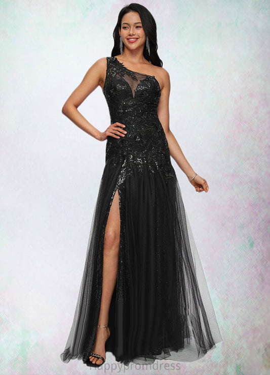 Brynn Trumpet/Mermaid One Shoulder Illusion Floor-Length Lace Tulle Prom Dresses With Sequins XXSP0022217