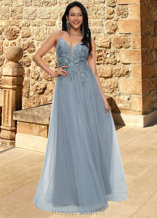 Jasmin A-line V-Neck Floor-Length Tulle Prom Dresses With Appliques Lace Sequins XXSP0022223