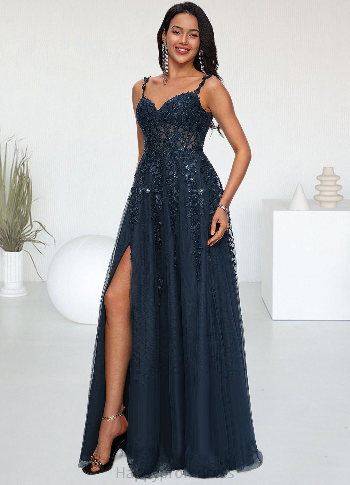 Madeleine A-line V-Neck Floor-Length Tulle Prom Dresses With Sequins XXSP0022224