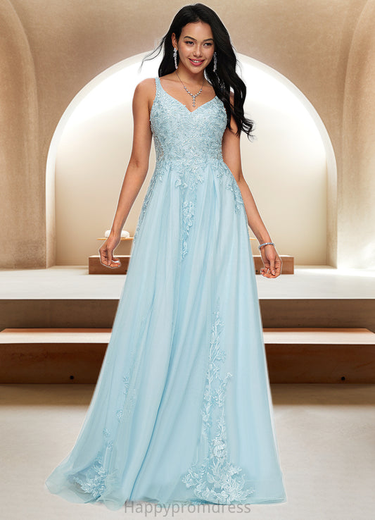 Kierra A-line V-Neck Floor-Length Tulle Prom Dresses With Rhinestone Appliques Lace Sequins XXSP0022225