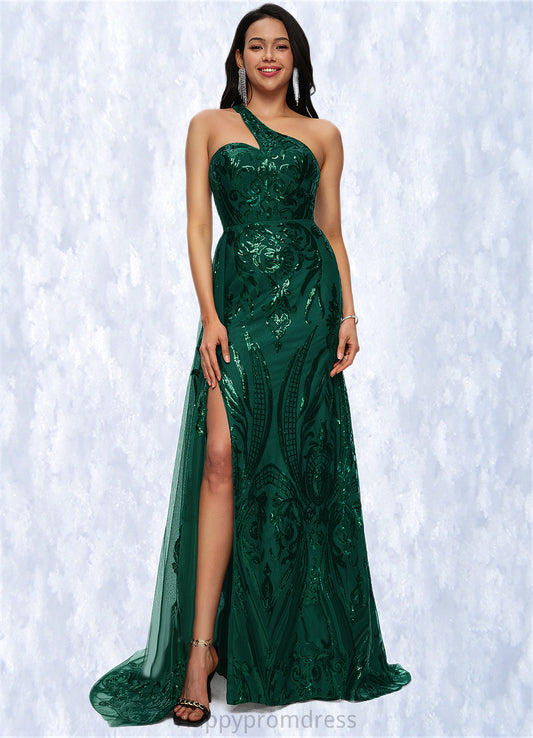 Amiah Trumpet/Mermaid One Shoulder Sweep Train Sequin Prom Dresses With Sequins XXSP0022226