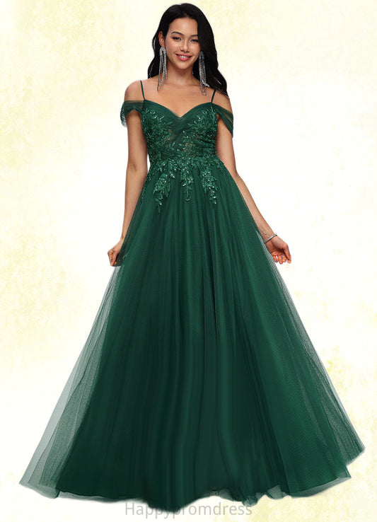 June A-line Off the Shoulder Floor-Length Tulle Prom Dresses With Appliques Lace Sequins XXSP0022231