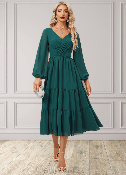 Patricia A-line V-Neck Tea-Length Chiffon Evening Dress With Pleated XXSP0022249