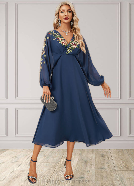 Zoie A-line V-Neck Tea-Length Chiffon Lace Evening Dress XXSP0022357