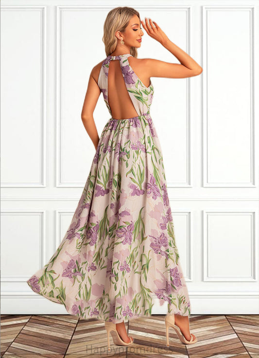 Lena A-line Halter Floor-Length Chiffon Bridesmaid Dress With Floral Print XXSP0022565