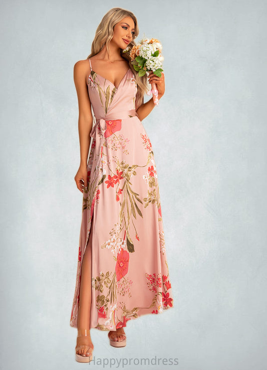Selena A-line V-Neck Floor-Length Asymmetrical Satin Bridesmaid Dress With Floral Print XXSP0022568