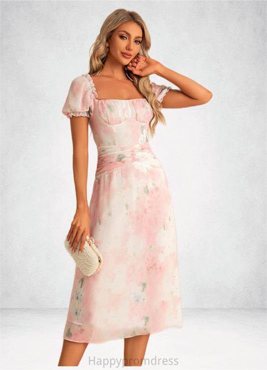 Kaylin A-line Square Tea-Length Chiffon Bridesmaid Dress With Floral Print XXSP0022570