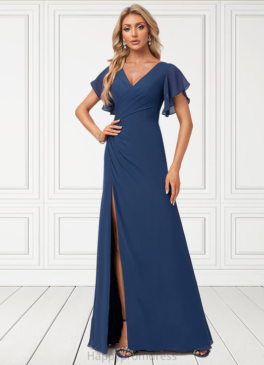 Nayeli A-line V-Neck Floor-Length Chiffon Bridesmaid Dress With Ruffle XXSP0022582