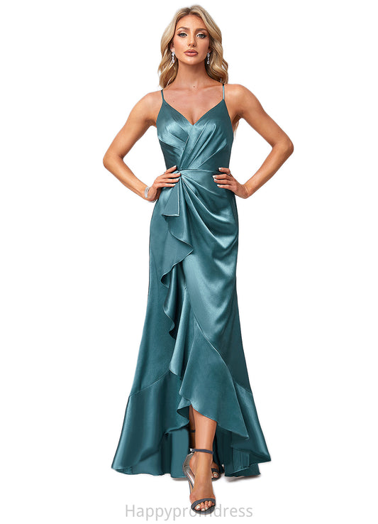 Salome A-line V-Neck Asymmetrical Stretch Satin Bridesmaid Dress With Ruffle XXSP0022584