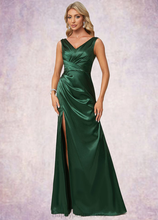 Clara A-line V-Neck Floor-Length Stretch Satin Bridesmaid Dress XXSP0022590