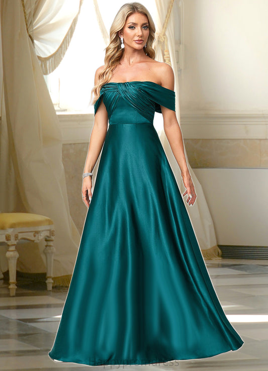 Brylee A-line Off the Shoulder Floor-Length Stretch Satin Bridesmaid Dress XXSP0022595