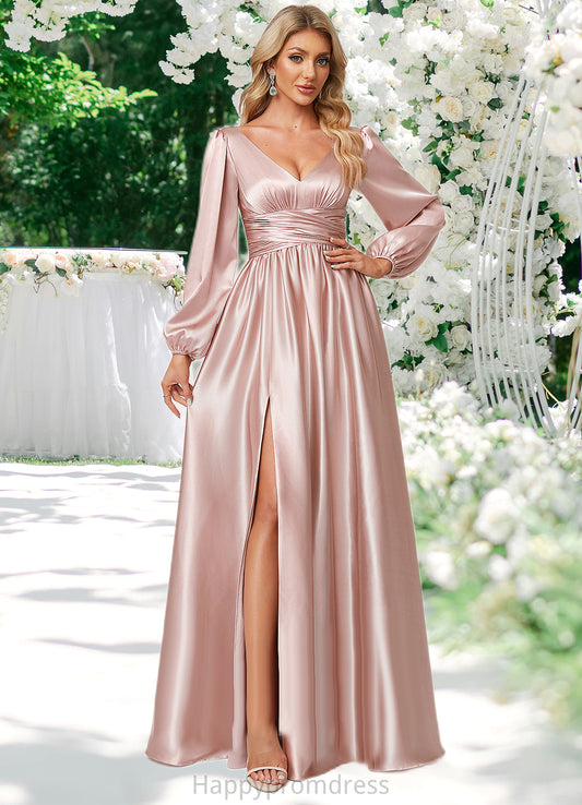 Iyana A-line V-Neck Floor-Length Stretch Satin Bridesmaid Dress XXSP0022597
