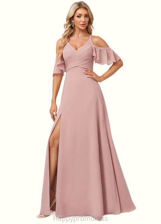 Claire A-line Cold Shoulder Floor-Length Chiffon Bridesmaid Dress With Ruffle XXSP0022599