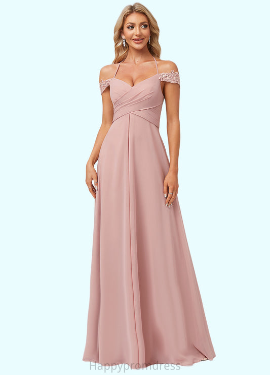 Cherish A-line Cold Shoulder Halter Floor-Length Chiffon Lace Bridesmaid Dress XXSP0022601