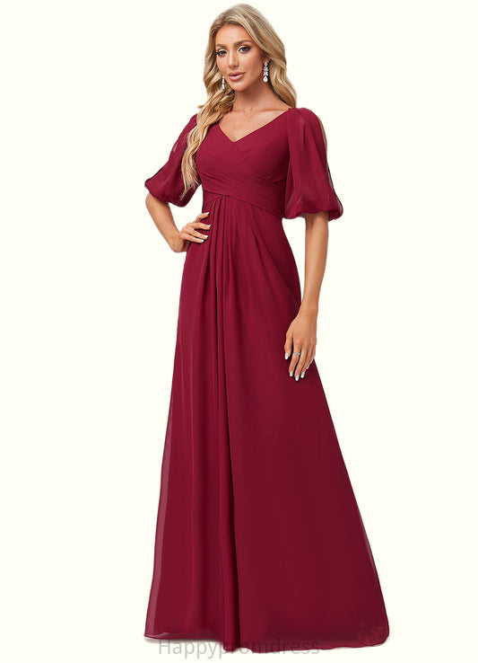 Olive A-line V-Neck Floor-Length Chiffon Bridesmaid Dress XXSP0022608