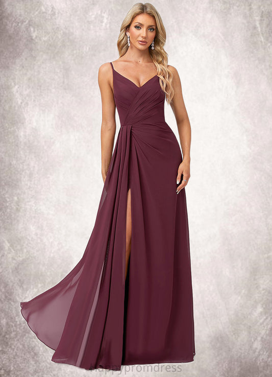 Kaylen A-line V-Neck Floor-Length Chiffon Bridesmaid Dress With Ruffle XXSP0022611
