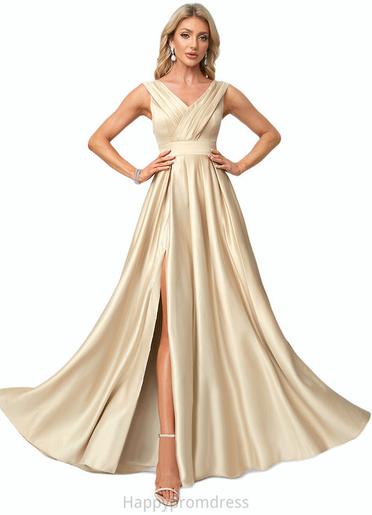 Krista A-line V-Neck Floor-Length Satin Bridesmaid Dress XXSP0022612