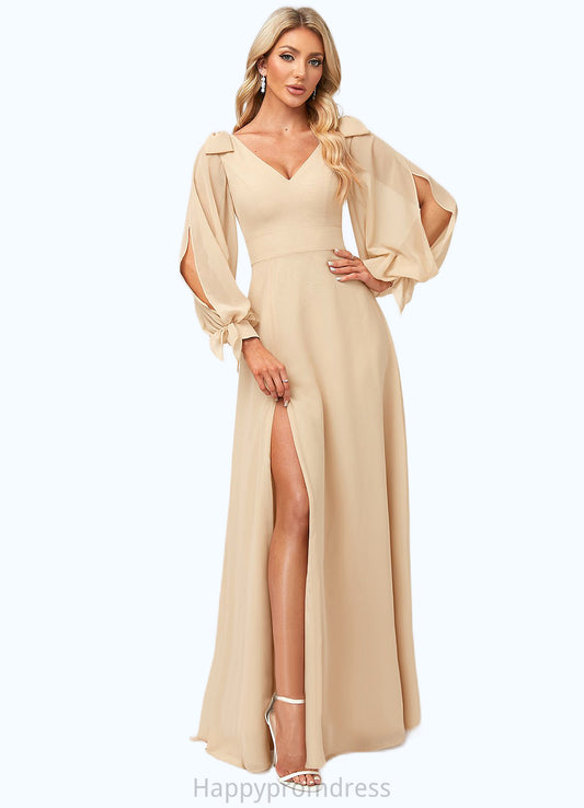 Yaretzi A-line V-Neck Floor-Length Chiffon Bridesmaid Dress With Bow XXSP0022613
