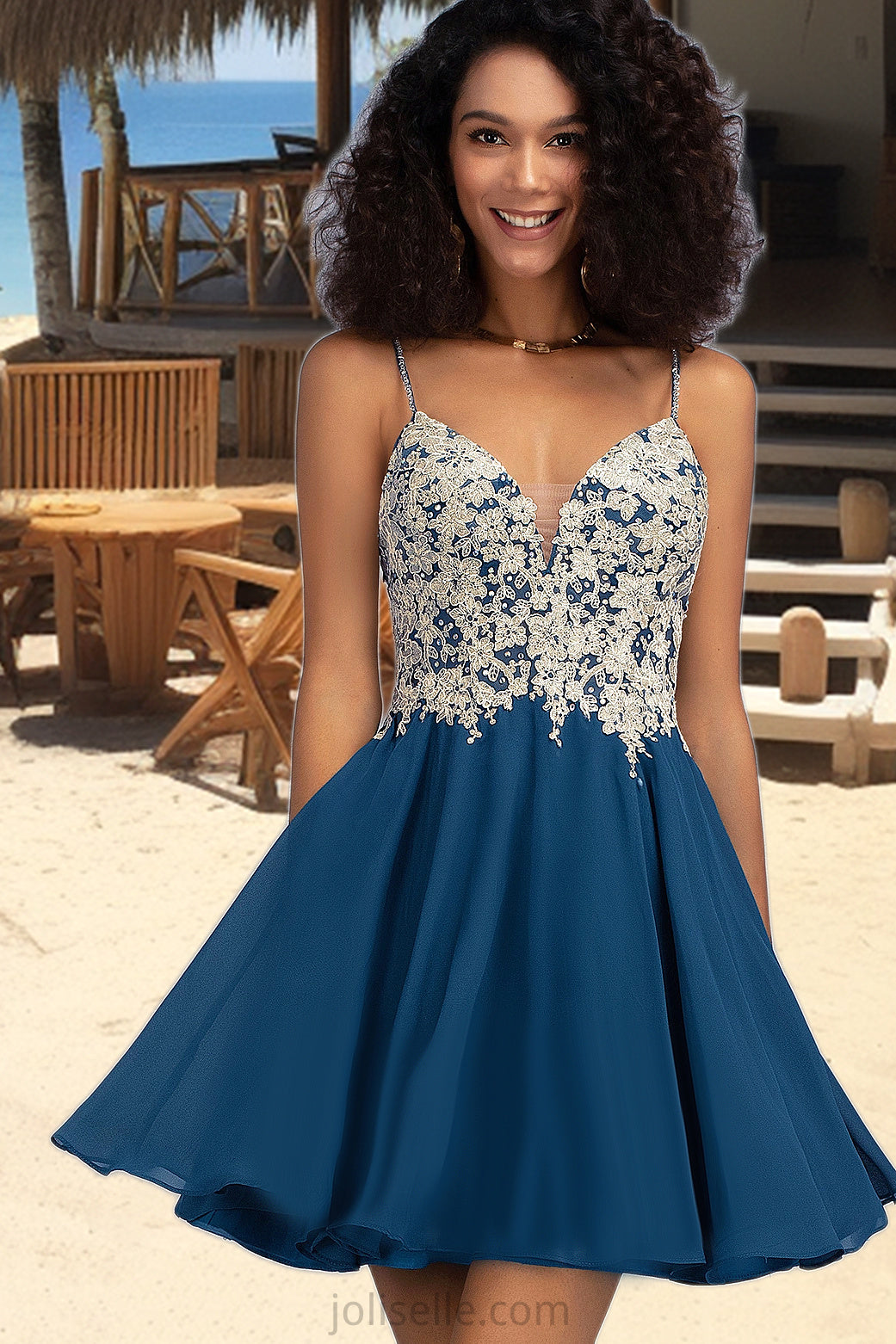 Selah A-line V-Neck Short/Mini Chiffon Lace Homecoming Dress With Beading XXSP0020572