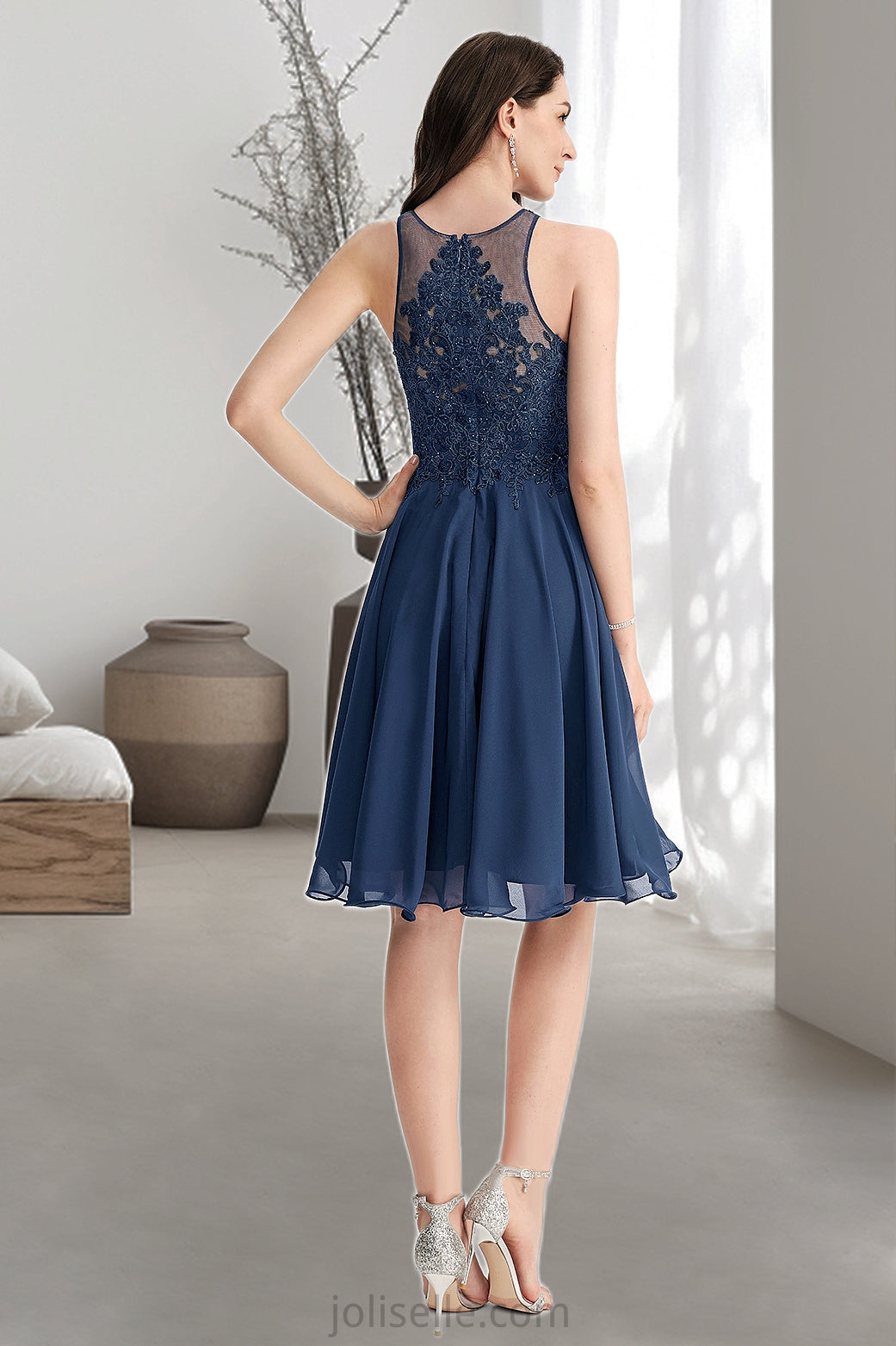Kayleigh A-line Scoop Knee-Length Chiffon Lace Homecoming Dress With Beading XXSP0020515