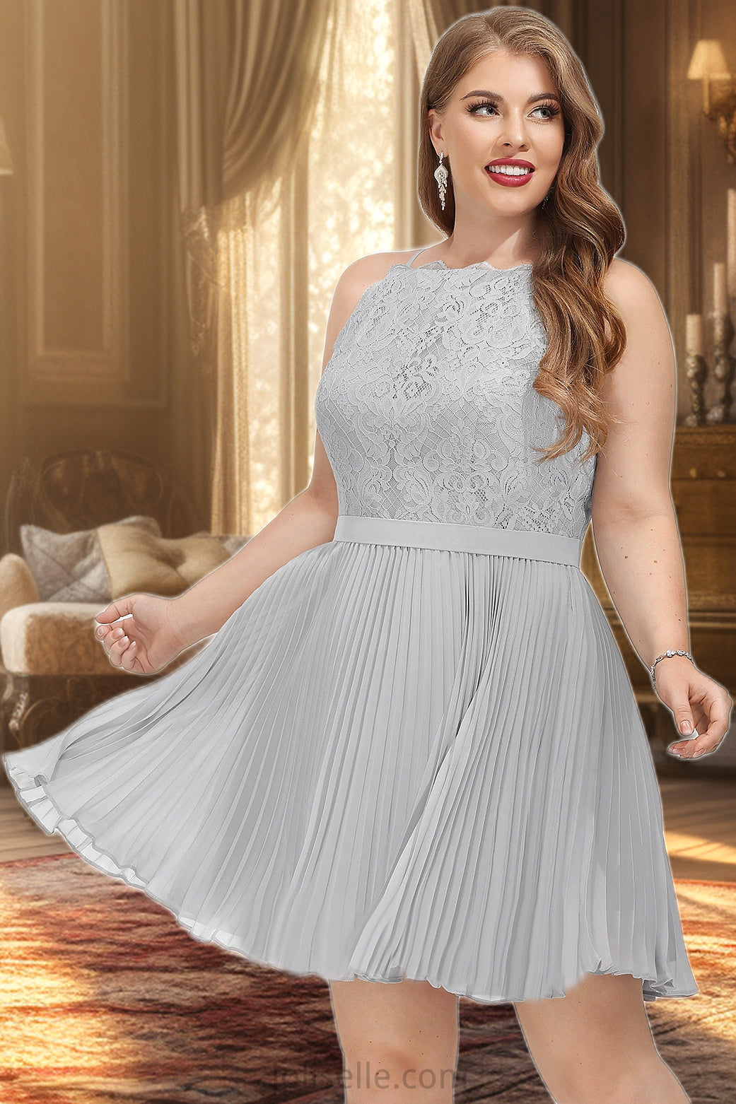 Rita A-line Scoop Knee-Length Chiffon Lace Homecoming Dress With Pleated XXSP0020585