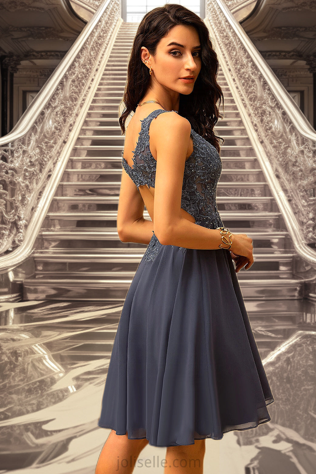 Claire A-line V-Neck Short/Mini Chiffon Lace Homecoming Dress With Beading XXSP0020536