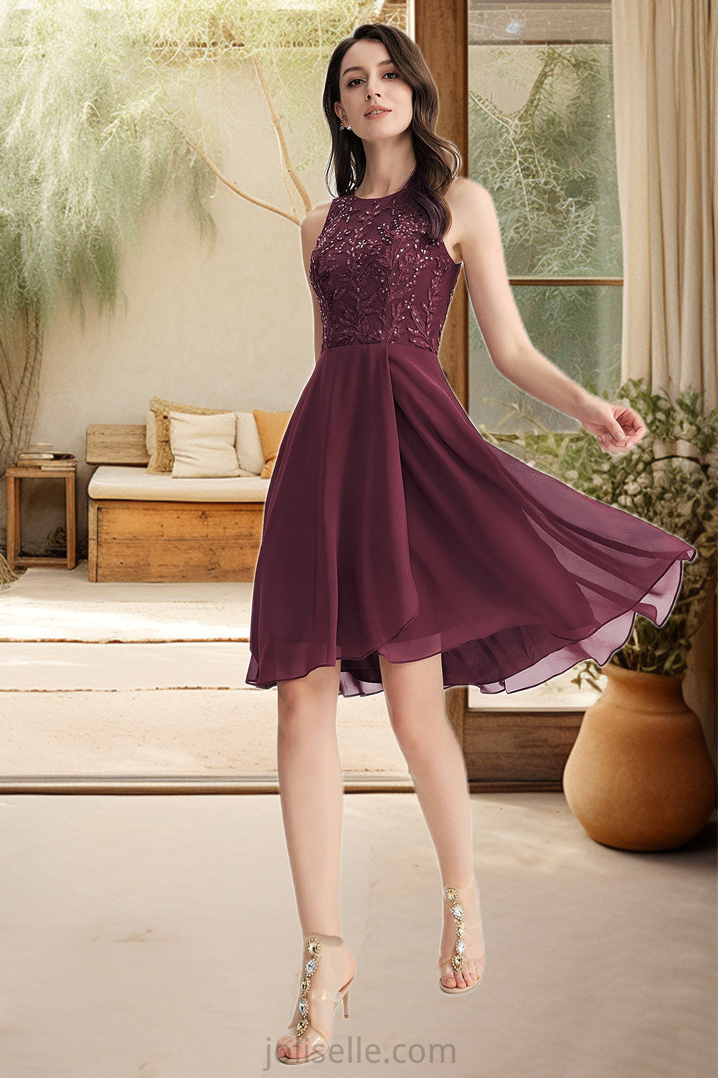 Amelia A-line Scoop Asymmetrical Chiffon Lace Homecoming Dress With Sequins XXSP0020516