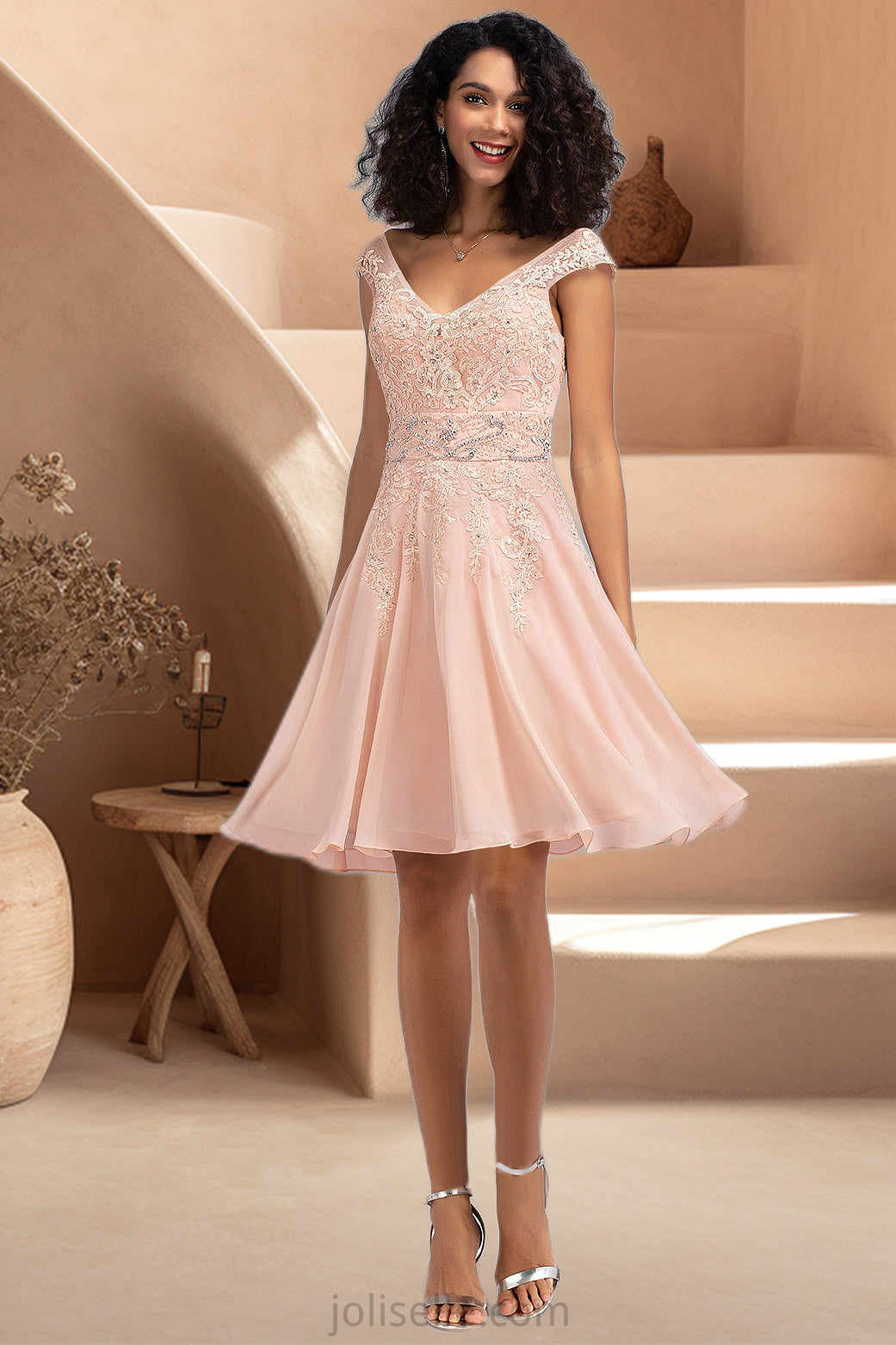 Skye A-line V-Neck Knee-Length Chiffon Lace Homecoming Dress With Beading XXSP0020565