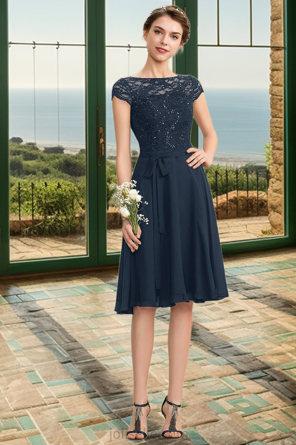 Celeste A-line Scoop Knee-Length Chiffon Lace Homecoming Dress With Bow XXSP0020581
