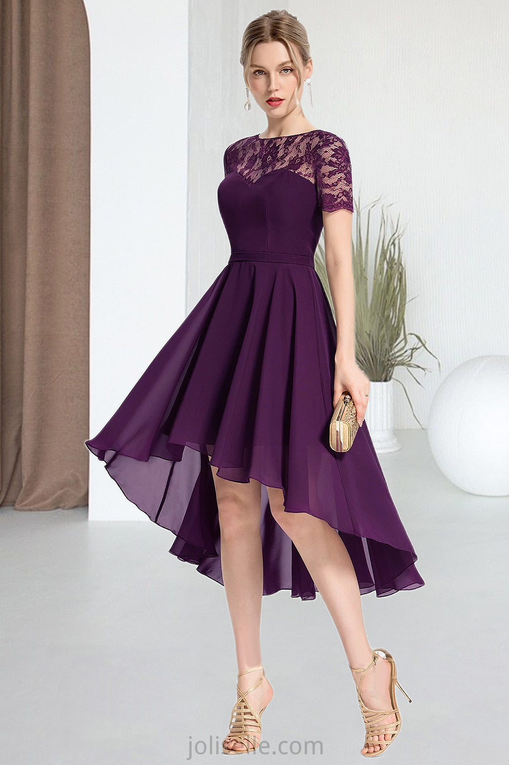 Luna A-line Scoop Asymmetrical Chiffon Lace Homecoming Dress XXSP0020587