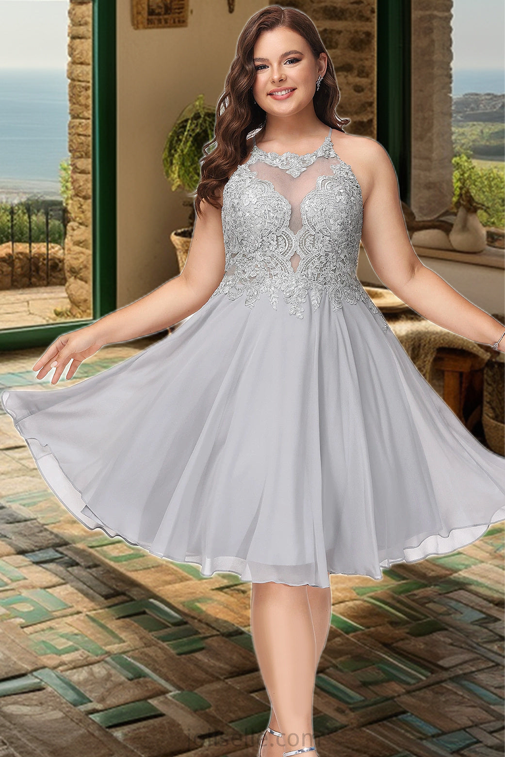 Hazel A-line Scoop Knee-Length Chiffon Lace Homecoming Dress With Sequins XXSP0020571