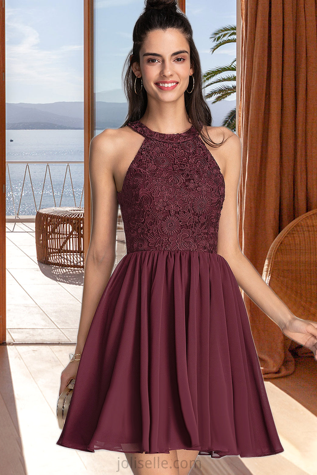Monserrat A-line Scoop Short/Mini Chiffon Lace Homecoming Dress XXSP0020555