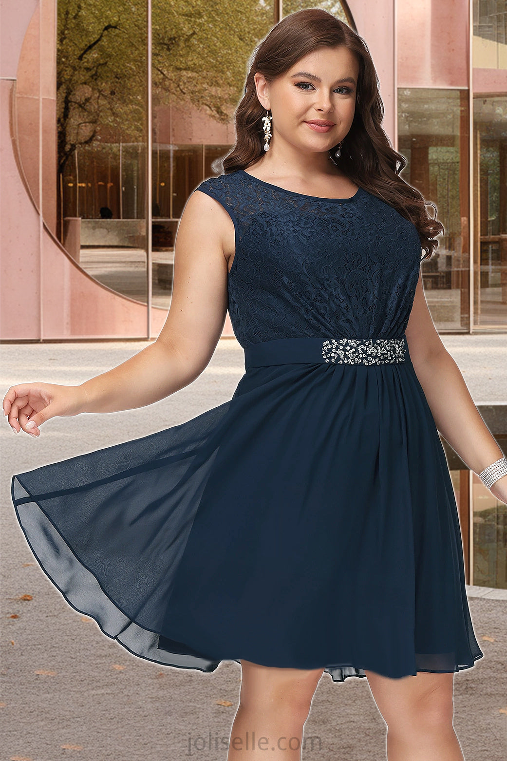 Pamela A-line Scoop Knee-Length Chiffon Lace Homecoming Dress With Beading Bow XXSP0020588