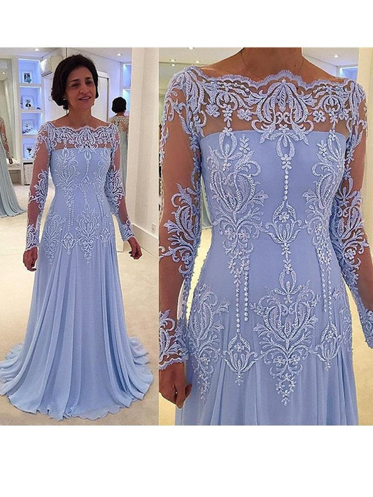 Gisselle A-Line/Princess Chiffon Applique Scoop Long Sleeves Sweep/Brush Train Mother of the Bride Dresses XXSP0020420