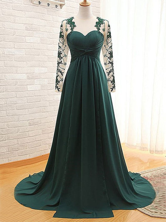 Ina A-Line/Princess Chiffon Applique Sweetheart Long Sleeves Sweep/Brush Train Mother of the Bride Dresses XXSP0020438