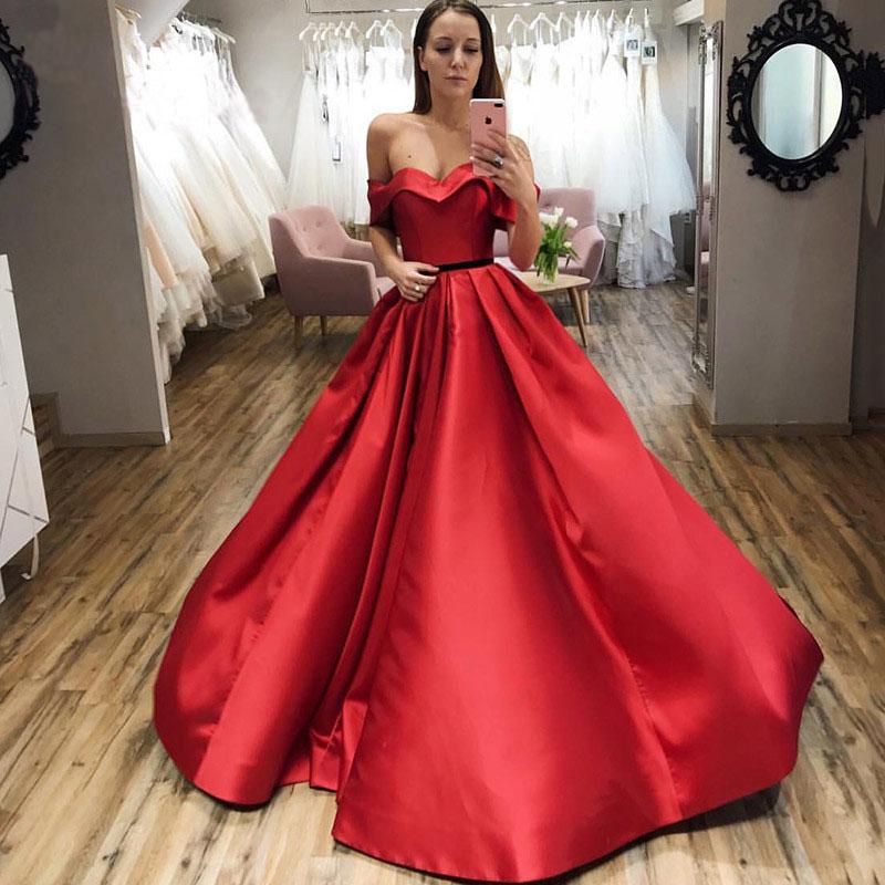 Red Ball Gown Off the Shoulder V Neck Satin Prom Dresses, Evening STC15660