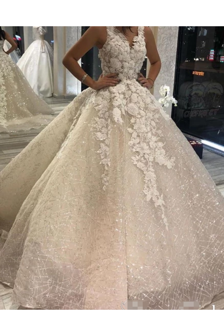 Shimmer Organza Ball Gown Wedding Dress With V Neck And Sequins