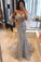 Unique Spaghetti Straps Mermaid Grey V-neck Prom Dresses with Applique STC15467