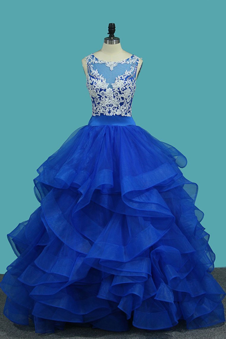 2024 Scoop A Line Tulle Prom Dresses With Applique