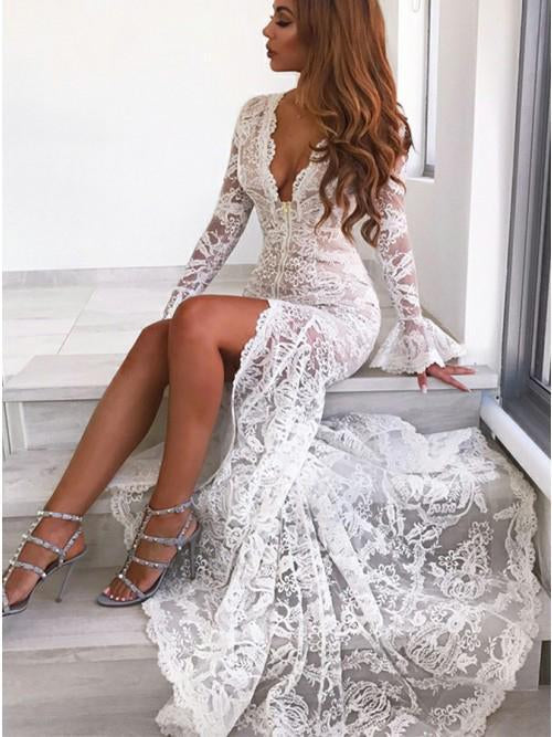 Long Sleeves Mermaid Lace V Neck Wedding Dresses with Slit, Wedding STC20423