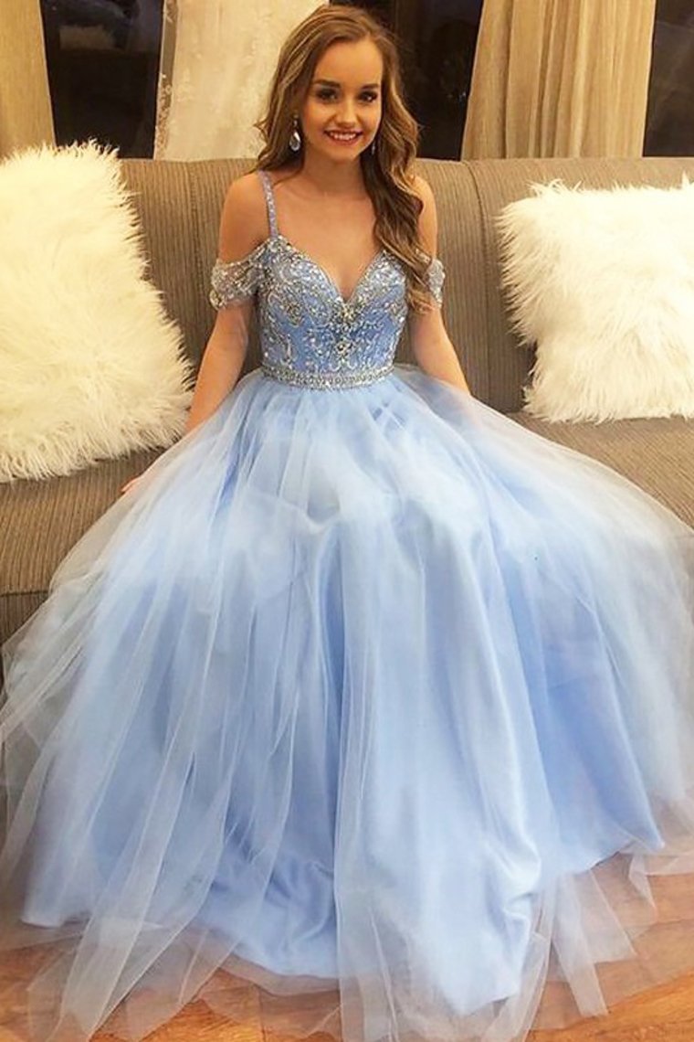 2024 A-Line/Princess Off-The-Shoulder Floor-Length Tulle Sleeveless Beading Dresses Evening