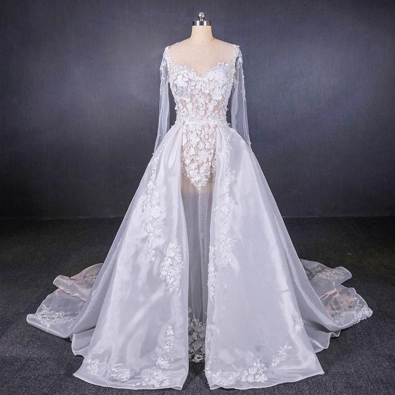 Long Sleeve Sweetheart White Bridal Dresses with Applique, Wedding Dresses STC15250