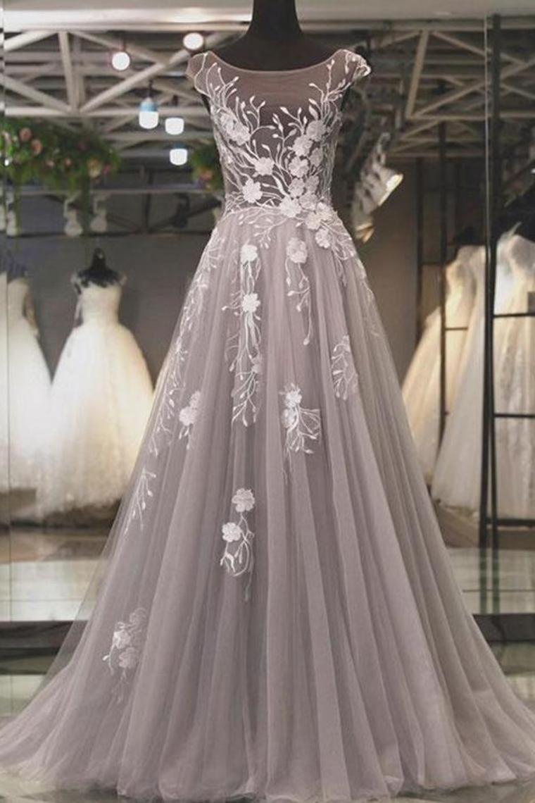 Prom Dress Scoop Lace Sweep Tulle With