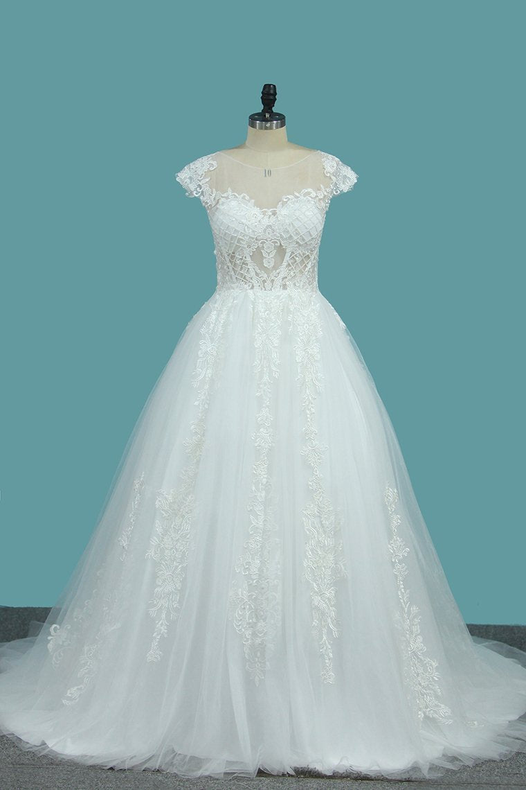 Scoop Short Sleeves Tulle A Line Wedding Dresses With Applique