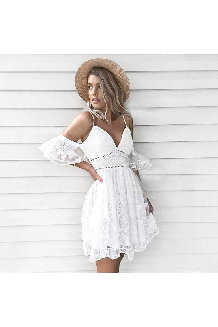 A-Line Spaghetti Straps Short White Lace Homecoming
